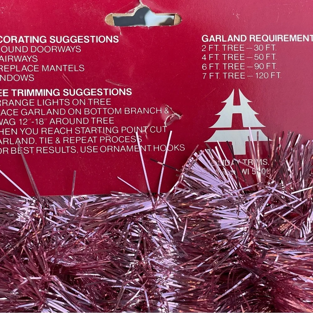 Vintage 1995 pink metallic tinsel garland nwt 15 foot holiday decor